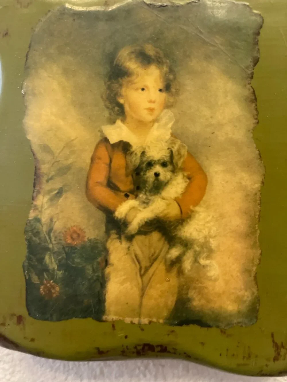 Antique/VTG Decorative Wall Wood Plaque Victorian Style Child & Dog Green